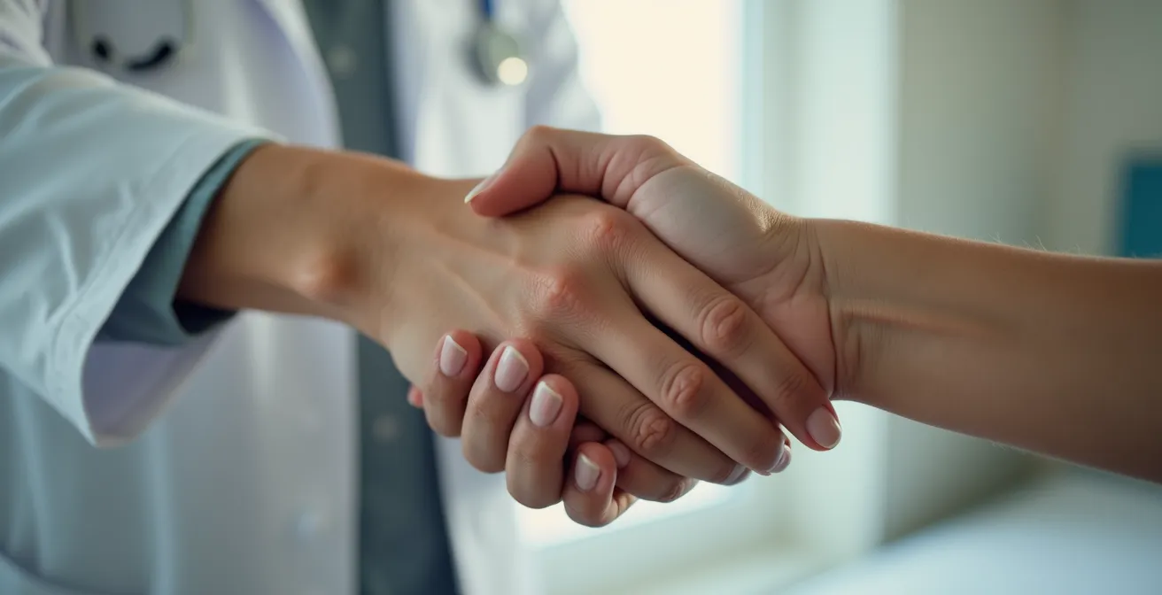 Mains d'un thérapeute et d'un patient se rencontrant dans un geste de confiance et d'accompagnement thérapeutique