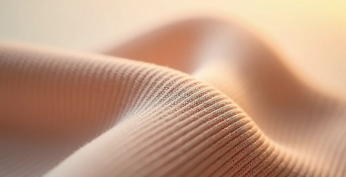 Détail textile d'un bas de compression médicale, focus sur la structure tricotée et les fibres élastiques