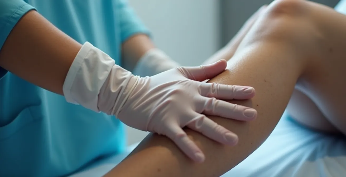 Main examinant la texture d'un œdème sur une jambe, gros plan sur les doigts appliquant une pression douce