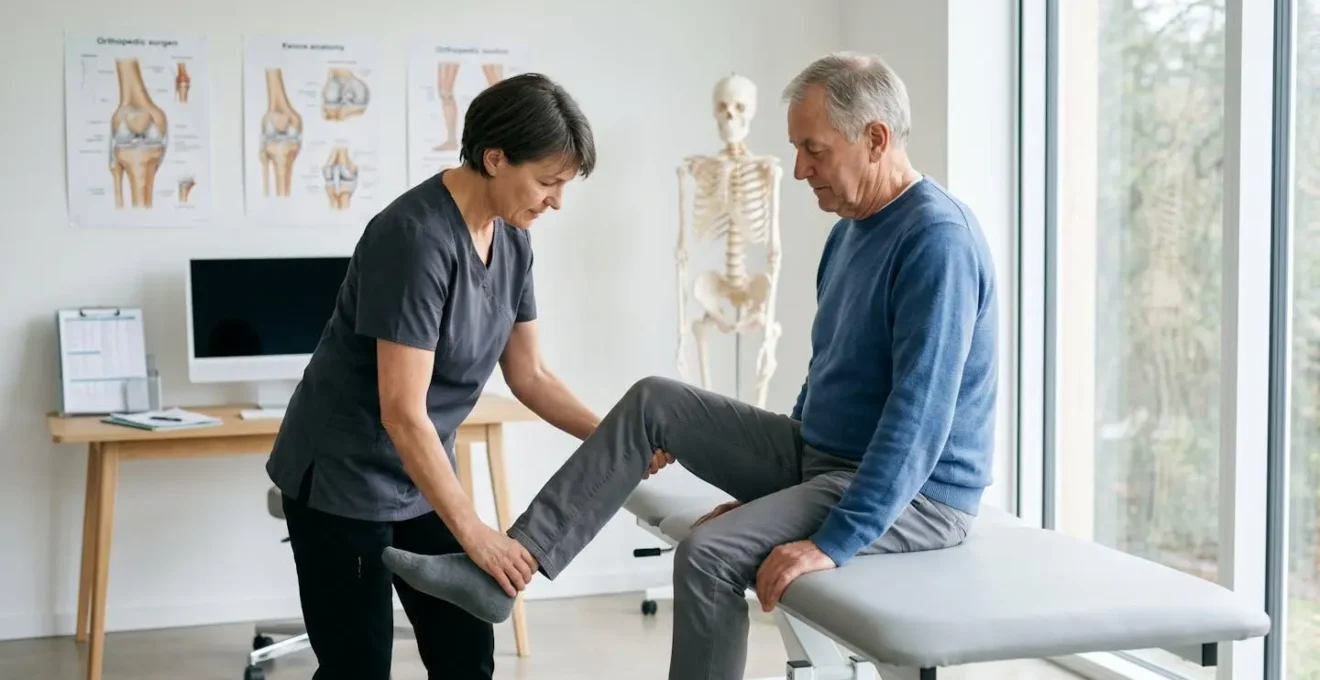 Chirurgien orthopédiste examinant la flexion du genou d'un patient allongé sur table d'examen dans un cabinet médical contemporain aux tons blancs et gris