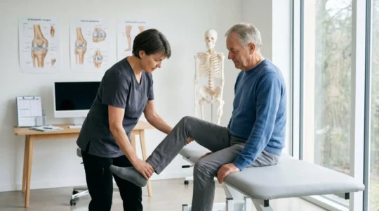 Chirurgien orthopédiste examinant la flexion du genou d'un patient allongé sur table d'examen dans un cabinet médical contemporain aux tons blancs et gris