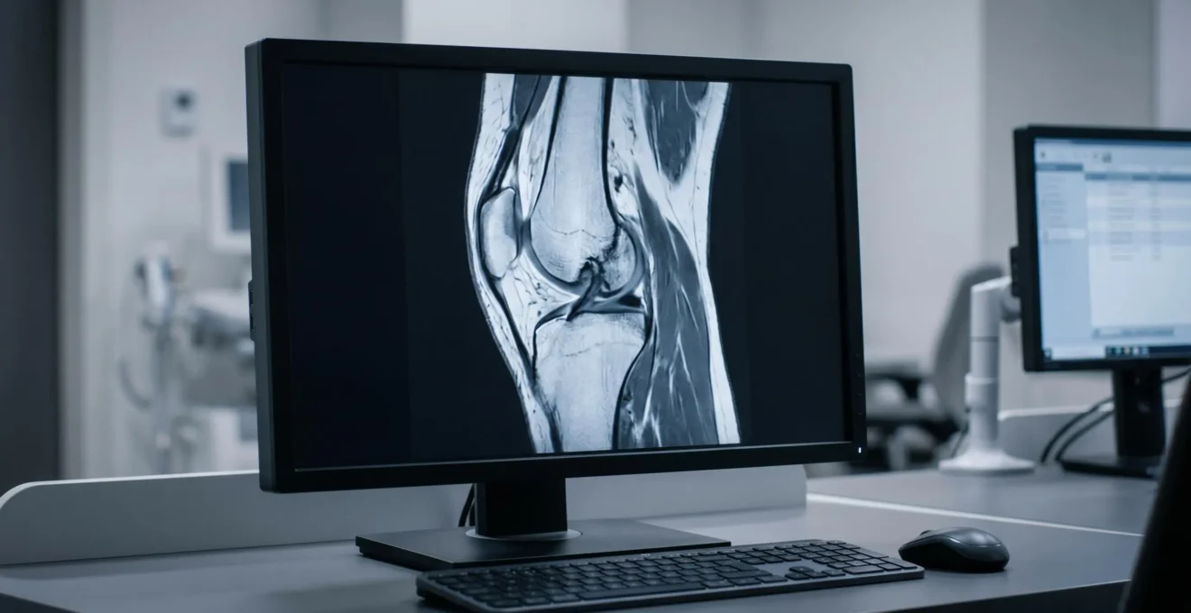Écran médical affichant une IRM de genou en coupe sagittale dans un cabinet de radiologie