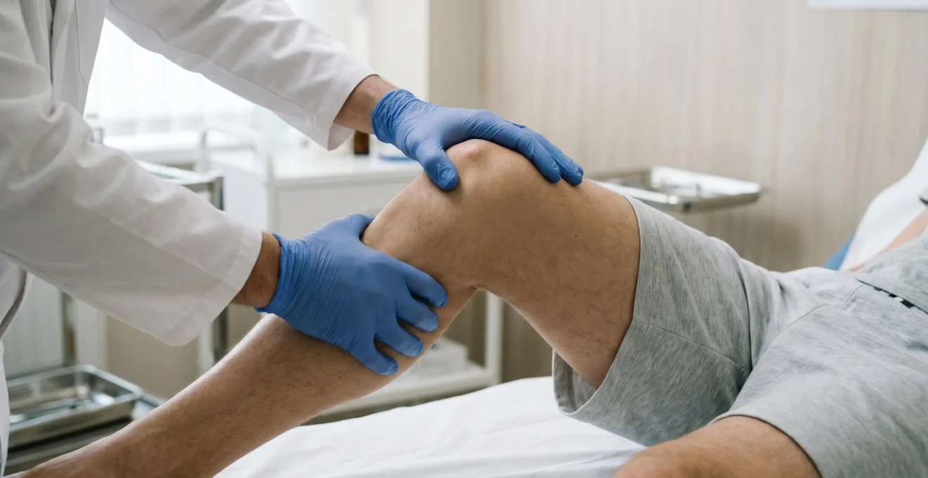 Gros plan sur les mains d'un chirurgien orthopédiste effectuant un test de Lachman sur le genou d'un patient