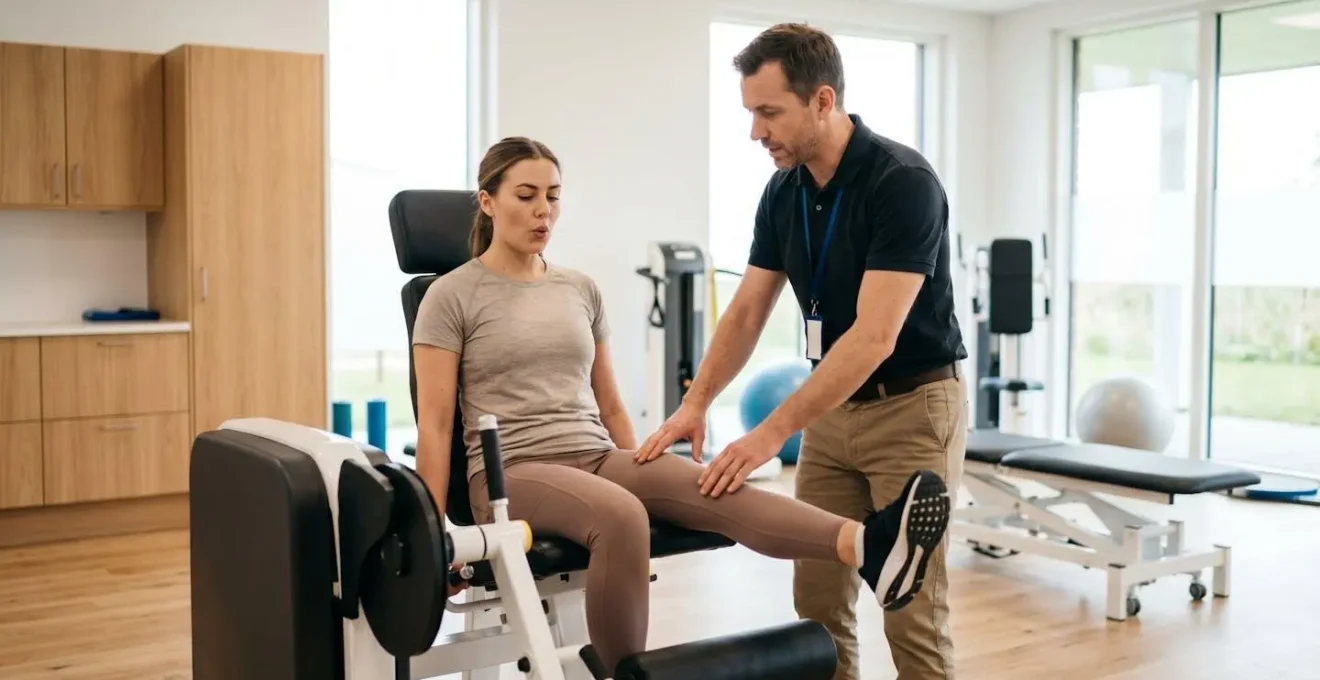 Patient effectuant un exercice de renforcement musculaire du quadriceps sous la supervision d'un kinésithérapeute dans une salle de rééducation moderne
