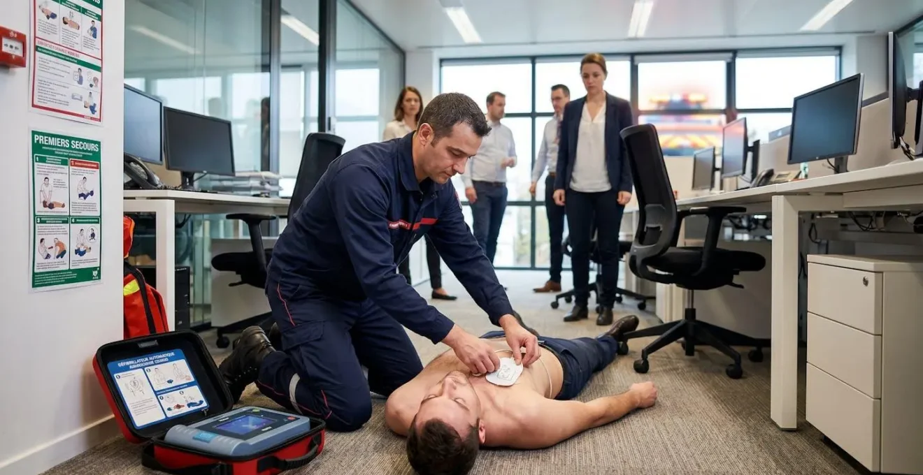 Intervention d'urgence avec un défibrillateur dans un bureau d'entreprise moderne, une personne positionnant les électrodes du DAE sur une victime d'arrêt cardiaque