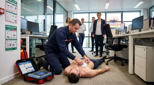 Intervention d'urgence avec un défibrillateur dans un bureau d'entreprise moderne, une personne positionnant les électrodes du DAE sur une victime d'arrêt cardiaque