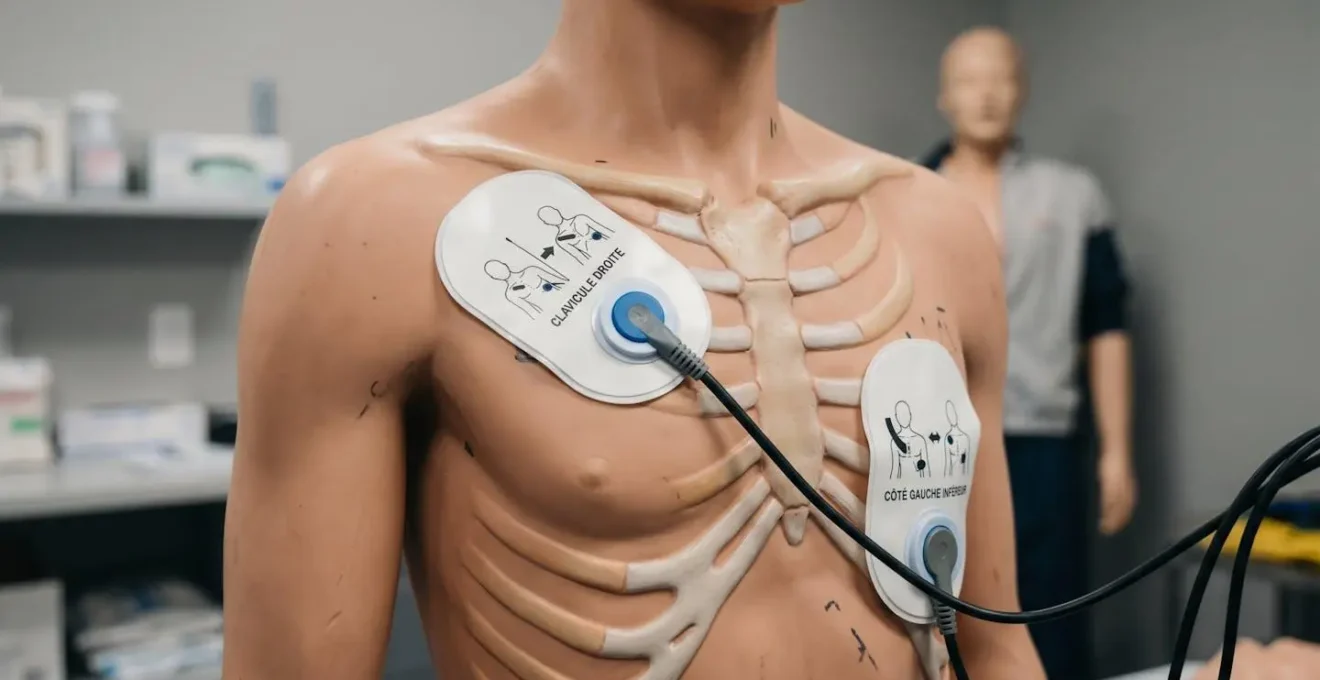Mannequin de formation montrant le placement correct des deux électrodes de défibrillateur sur le thorax