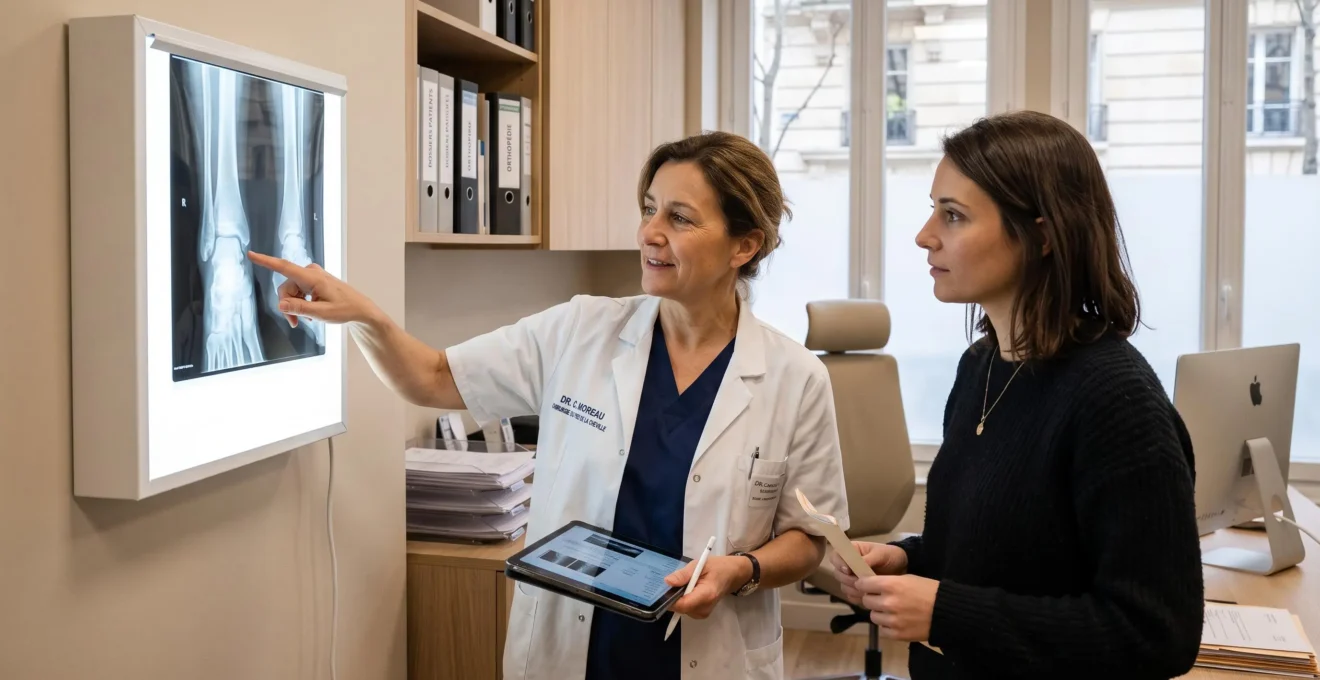 Un chirurgien explique une radiographie de cheville à un patient.