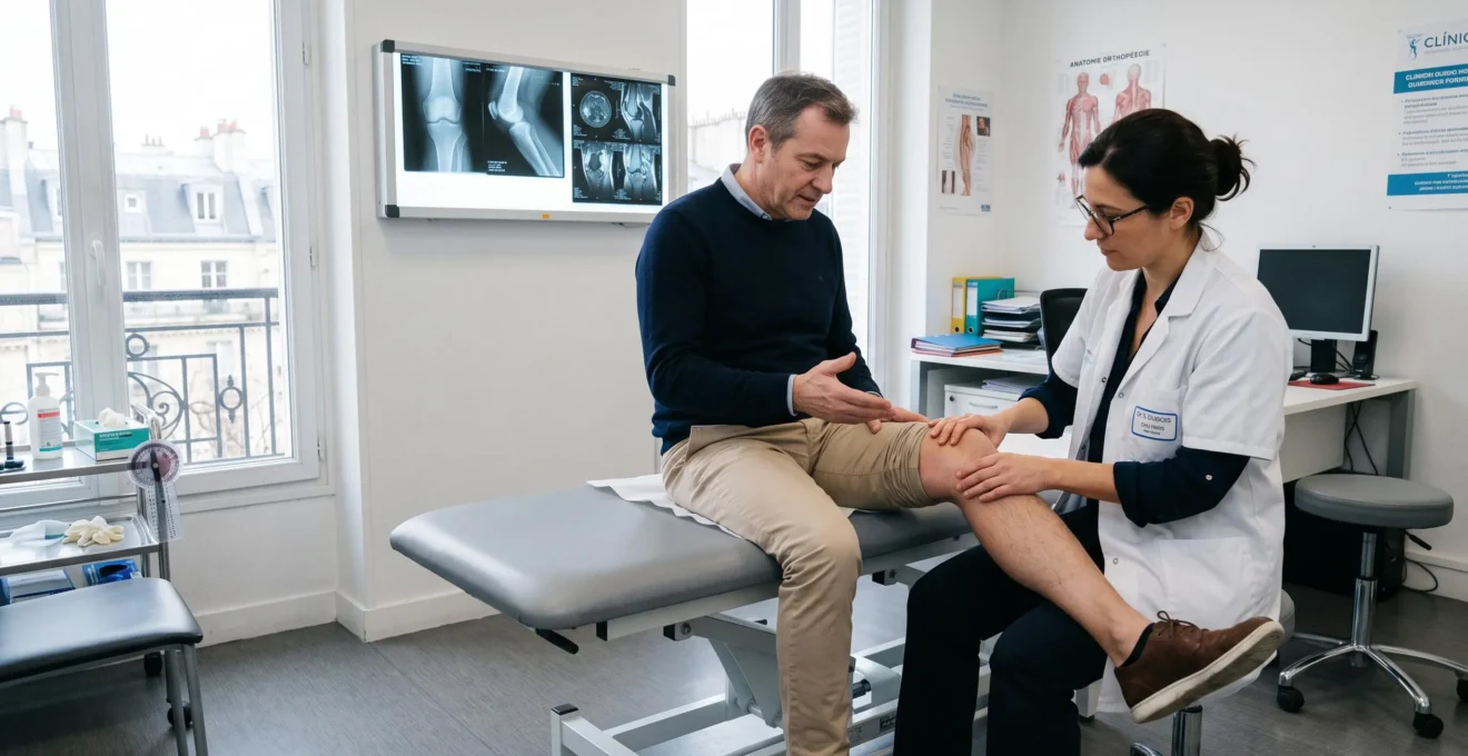 Un chirurgien orthopédique examine le genou d'un patient assis sur la table d'examen.
