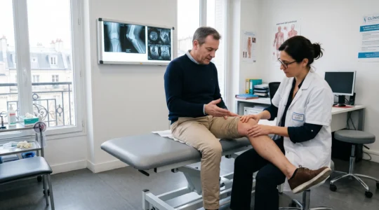 Un chirurgien orthopédique examine le genou d'un patient assis sur la table d'examen.