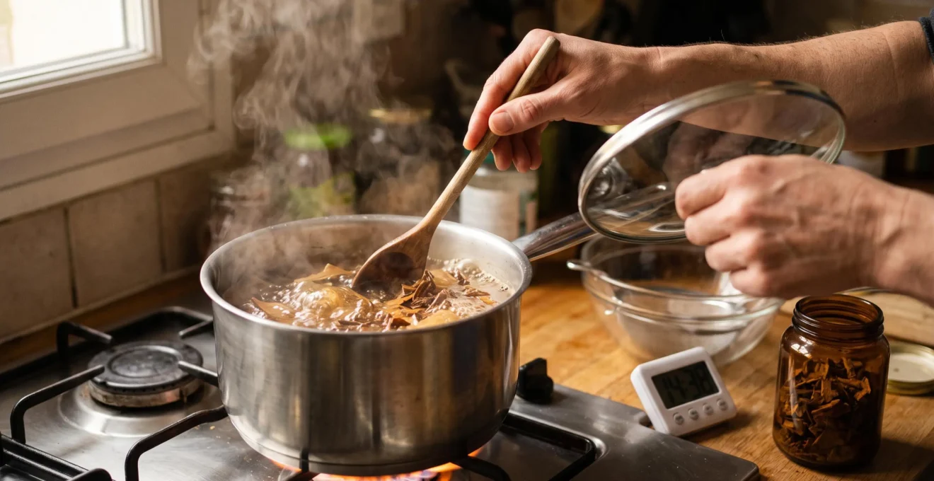 Des mains remuent des écorces et des racines dans une casserole d'eau bouillante pour préparer une décoction maison.