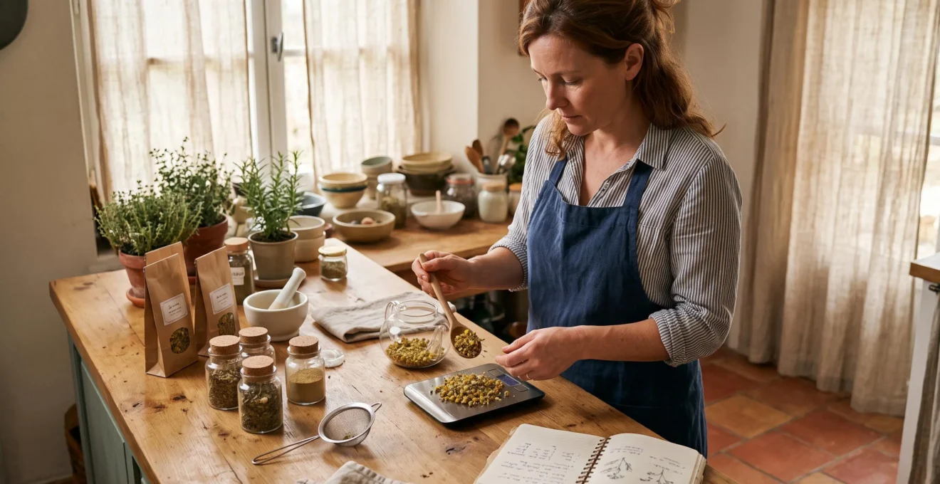 Une femme pèse des fleurs séchées de camomille et de tilleul dans une cuisine en bois pour préparer une tisane.