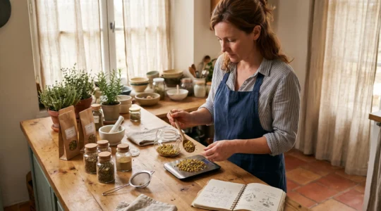 Une femme pèse des fleurs séchées de camomille et de tilleul dans une cuisine en bois pour préparer une tisane.