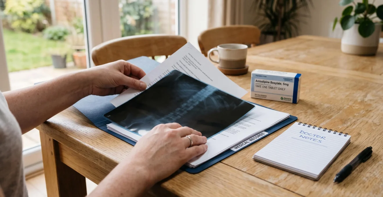 Une personne range des radios, des ordonnances et des documents médicaux dans un dossier.